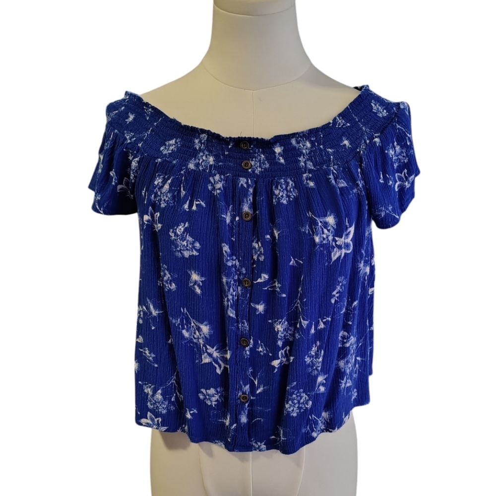 Twine and String Cobalt Blue Crepe White Floral Cropped Blouse Size XL